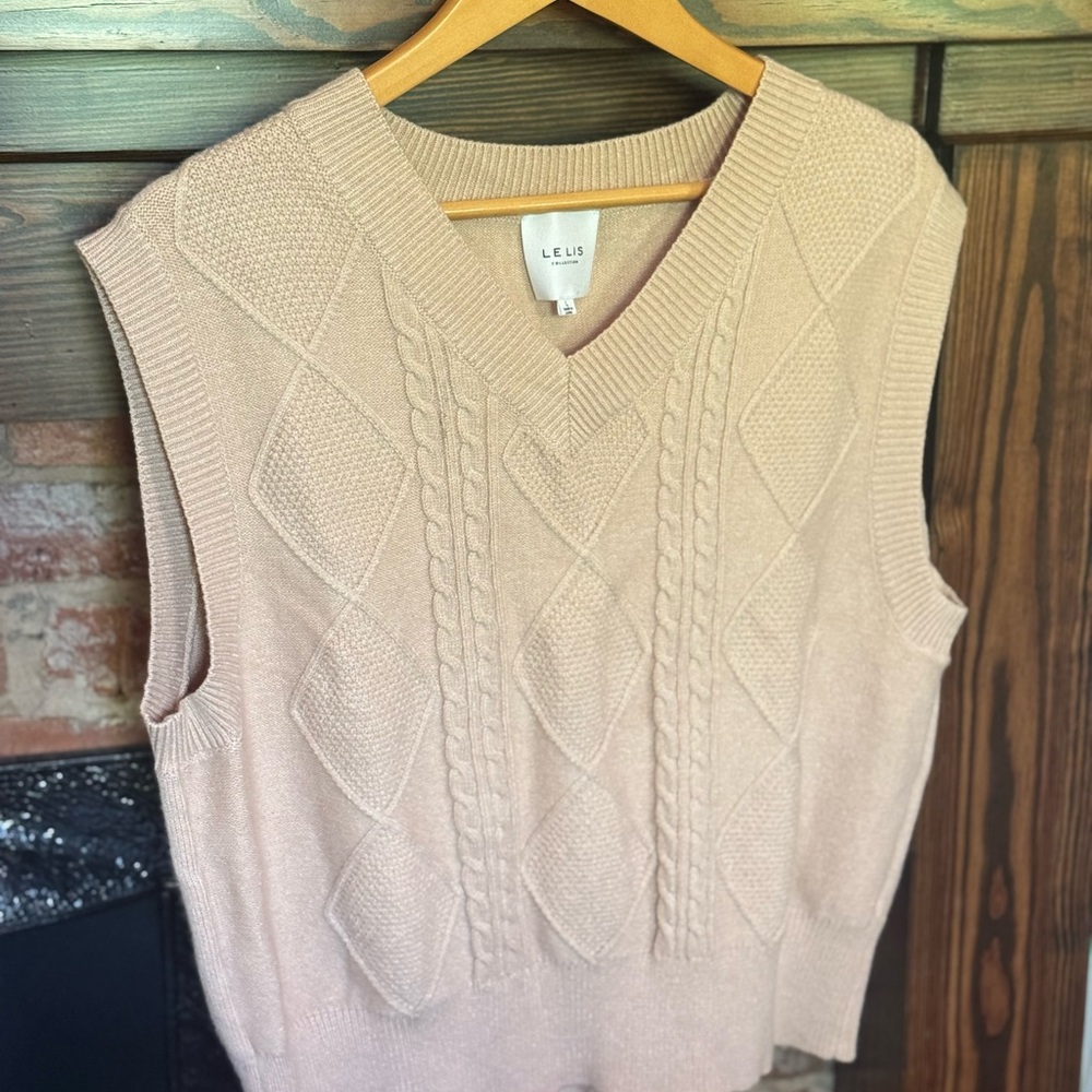 Le Lis Tan V-Neck Sweater Vest Cable Knit